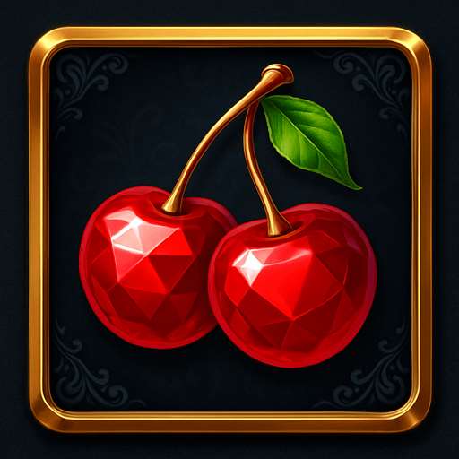 Crea un asset visual completo para el símbolo 'E' de Megaways: Cerezas Lujosas, directamente sobre su panel de fondo.

Diseño General:

Forma: Un panel cuadrado o ligeramente redondeado.

Fondo del Panel: Terciopelo oscuro (negro o azul noche) o un metal pulido muy oscuro.

Borde: Un borde elegante dorado o plateado alrededor del panel.

Detalles del Fondo: Puede tener un patrón sutil de filigrana de casino en las esquinas del panel.

Símbolo Central (las Cerezas):

Dos cerezas rojas, estilizadas para parecer joyas o gemas, con una superficie brillante y reflejos, posicionadas centralmente.

El tallo debe ser fino y elegante.

Colores: Rojos intensos y brillantes.
In-Game asset.  2d.  High contrast.  No shadows