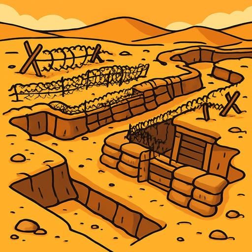 the battlefield should only have trenches and such in the desert, it should be cartoonish..
In-Game asset.  2d.  High contrast.  No shadows