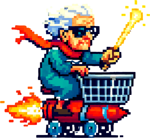 Pixel art sprite of a fierce old lady wearing sunglasses and a scarf, riding a rocket-powered shopping cart. She’s holding a glowing cane like a weapon. Side view, colorful retro 2D style.


PNG.
In-Game asset.  2d.  High contrast.  No shadows