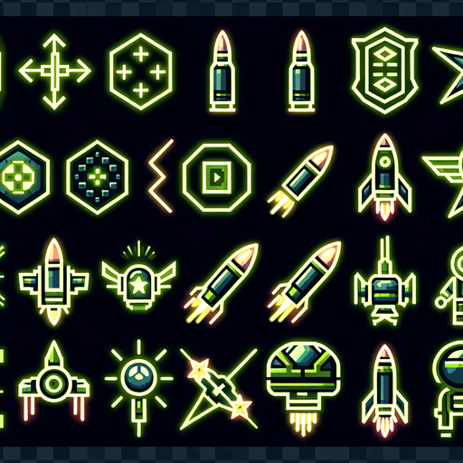 A sprite sheet that has power up icons. Icons include three bullets, a laser beam, a rocket, a drone and a small soldier. Cyberpunk and using neon glow. Green and yellow highlights. 
Single Game Texture. In-Game asset. 2d. Blank background. High contrast. No shadows.