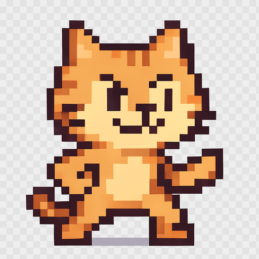 Crea un personaje que sea un gato simpático, estilo pixel art.
Debe estar de pie y verse como si pudiera esquivar cosas.
Que tenga una expresión divertida o decidida.
El fondo debe ser transparente.