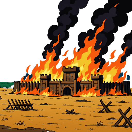plain battlefield of defense burning medieval fortres at bottom anime image style. blue sky at upper. far distance a mountain
In-Game asset.  2d.  High contrast.  No shadows