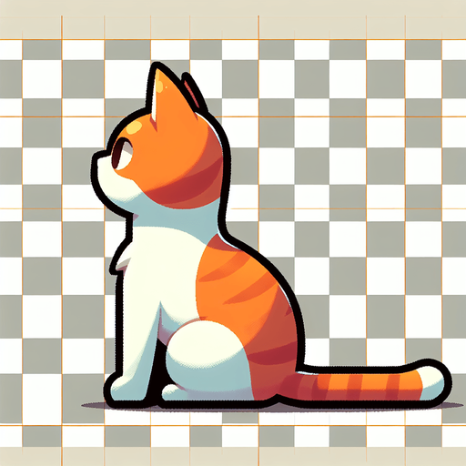 an orange and white cat facing away from the camera. the cat is sitting straight up and looking up, ready to pounce.
Single Game Texture.  In-Game asset.  2d.  Blank background.  High contrast.  No shadows
