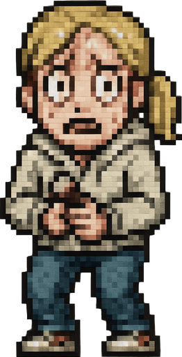 Create a pixel-art main character sprite of a scared blonde woman for a 2D horror survival game. She should have light blonde hair (shoulder length or tied in a ponytail), wide anxious eyes, and a pale complexion. Her outfit should be casual: a light-colored shirt or hoodie, jeans, and sneakers. The character should appear visibly nervous or frightened – slightly hunched posture, hands close to body, maybe holding a flashlight. Include subtle animation or idle pose showing fear. Style should match retro horror games. PNG with transparent background, front-facing idle stance..
In-Game asset.  2d.  High contrast.  No shadows