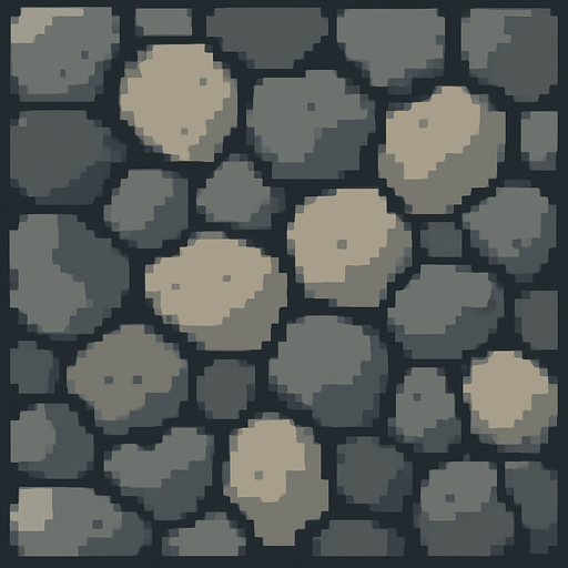 Make a 2D top down flat image of pixelated stone.
In-Game asset.  2d.  High contrast.  No shadows