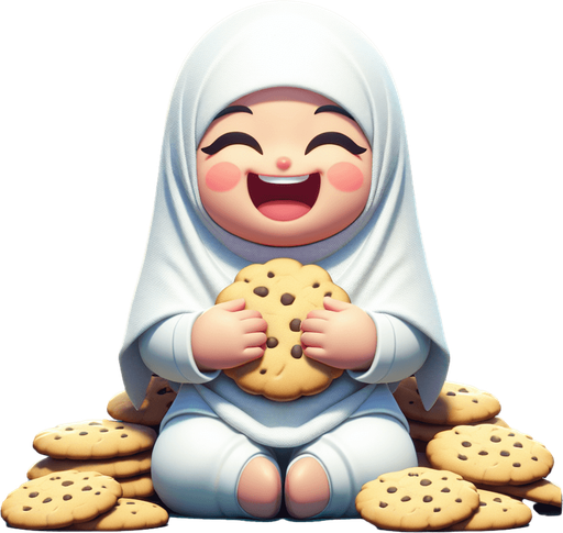 A cute girl happily eating way too many vanilla cookies. Single Game Texture. In-Game asset. 2d. Blank background. High contrast. No shadows.
