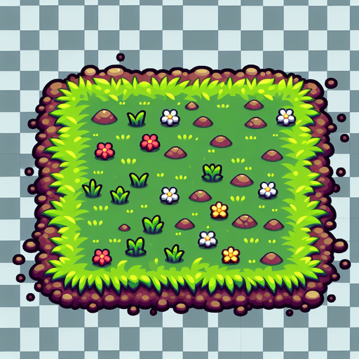 Horizontal ground sprite sheet. Grass and dirt. Sideways. Flowers
Single Game Texture.  In-Game asset.  2d.  Blank background.  High contrast.  No shadows