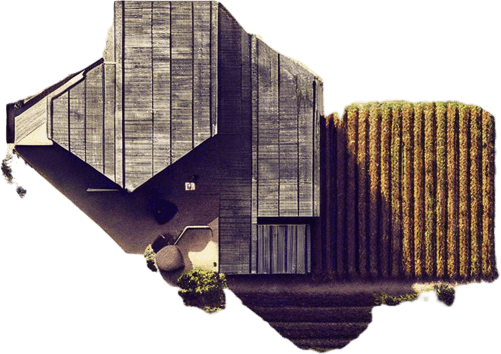 The same image, but in a lush and green setting, where grass is growing in all the fields