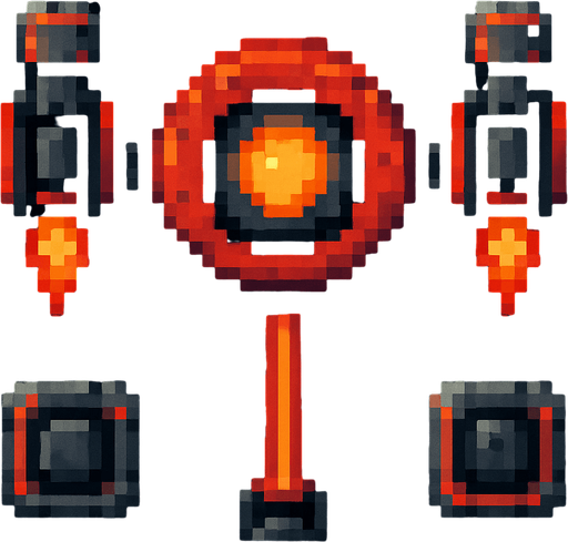 Модульный босс с телом круга рекетницами по бокам и лазером по середине все отдельно пиксельный вид сверху космос.
In-Game asset.  2d.  High contrast.  No shadows