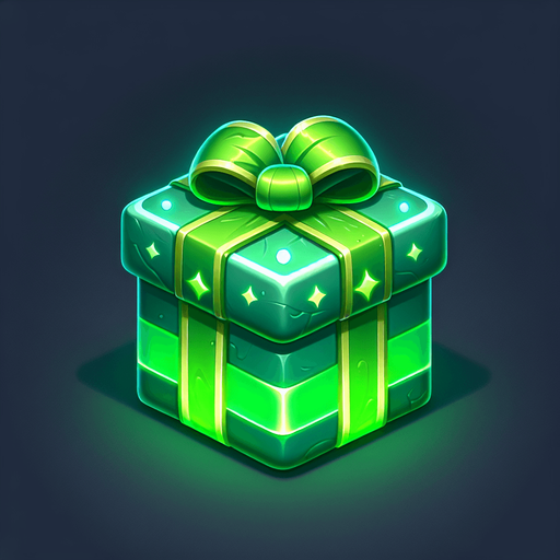 Christmas gift beautifully wrapped in green glowing wrapping paper Single Game Texture. In-Game asset. 2d. Blank background. High contrast. No shadows.