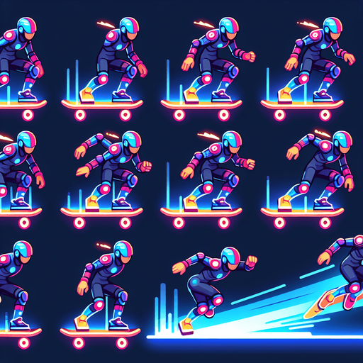 Animated skating sprite sheet (8 frames)

Jumping animation (3 frames)

Ideal size: 150x200 pixels

Theme: Futuristic athlete with skate board glowing accents. cartoonish with glowing colors
Single Game Texture.  In-Game asset.  2d.  Blank background.  High contrast.  No shadows