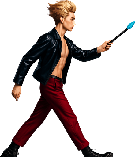 Swishy graceful man Cyberpunk manga, wand pointed straight ahead, arm extended, side profile view attack animation, shiny black leather biker jacket longsleeves shirtless Skinny abs blonde pompadour guy, action shot wine red joggers combat boots, Background removed, "Full-body character, entirely in frame, no cropping of face, head, or feet" "Complete character visible, from head to toe, fully centered in the image" "Entire character, including face and boots, fully within the frame" Character fully contained within a square frame, no edges cut off fashion model walking pose Style of vogue magazine