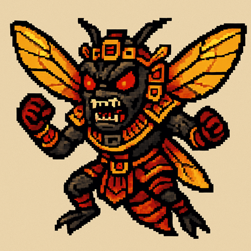 Genérame una Chicharra guerrero azteca con eso patrones, estilo pixelar, con una apariencia maligna, ojos rojos, rabioso. Unidad aerea con alas. Animal.
In-Game asset.  2d.  High contrast.  No shadows