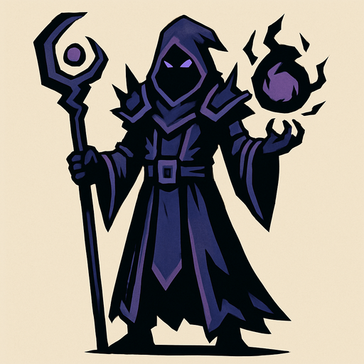 Darkness wizard, con cuerpo entero.
In-Game asset.  2d.  High contrast.  No shadows