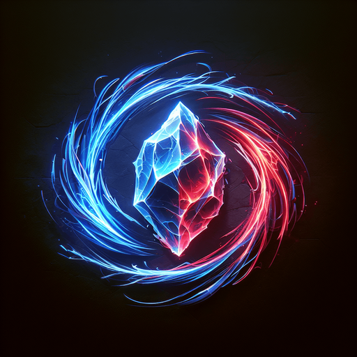 Two different colored streams of energy (e.g., red and blue) flowing and swirling together in the center. Could also be a crystal icon split into two distinct colors..
Single Game Texture.  In-Game asset.  2d.  Blank background.  High contrast.  No shadows