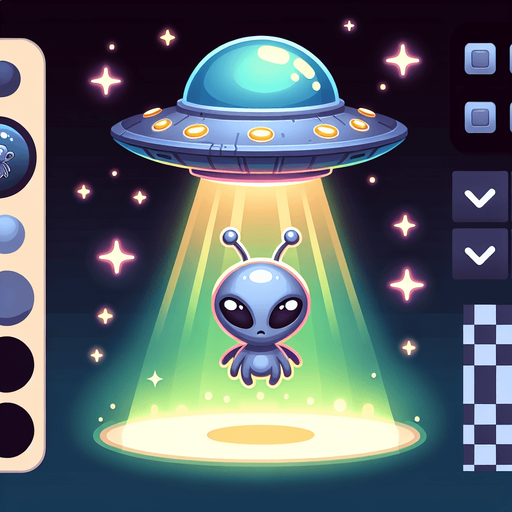 A small curious alien in a ufo..
Single Game Texture. In-Game asset. 2d. Blank background. High contrast. No shadows.