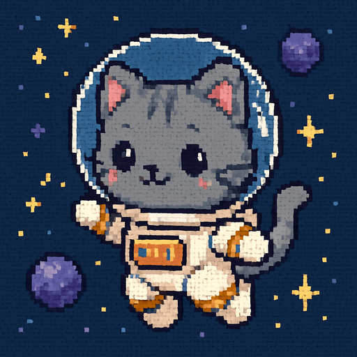 A cute gray chibi-style anime kitten, dressed in an astronaut suit and drifting through the universe, rendered in Pixel Art.