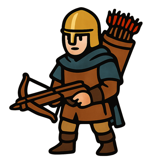 A human with a golden helmet, crossbow and a big bucket full of arrows in his back.
In-Game asset.  2d.  High contrast.  No shadows