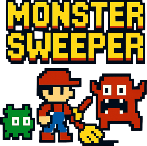 Retro pixel style from arcade. Title that reads: Monster Sweeper.
In-Game asset.  2d.  High contrast.  No shadows