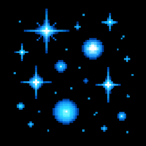 "2D pixel art of glowing blue sparkle effects. Multiple soft, magical blue glows of different sizes are scattered across the canvas, each with a bright core and a gentle radiant halo. Some glows are small star-like sparkles, while others are circular energy pulses or twinkling particles. The blue tones range from light cyan to deep magical blue, giving the effect a mystical and fantasy feel. Designed in a clean, classic 16-bit RPG pixel art style. Transparent background.".
In-Game asset.  2d.  High contrast.  No shadows