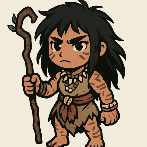 Una sanadora en estilo chibi/cuerpo completo, una chica joven de físico algo marcado por el esfuerzo y la vida dura. Viste ropas tribales, va descalza. Su cabello es negro, largo y despeinado, cayendo con un aire descuidado pero natural. Porta un bastón improvisado hecho de una rama de árbol torcida, aún con algunas hojas pegadas, lo que resalta su carácter rústico y tribal. En su piel se notan tatuajes o marcas tribales, además de collares o pulseras hechos de hueso, madera o cuentas simples, que refuerzan su conexión espiritual con la naturaleza. Su expresión es serena y determinada, mostrando que a pesar de su apariencia austera y primitiva, es una guía y protectora para su gente..
In-Game asset.  2d.  High contrast.  No shadows