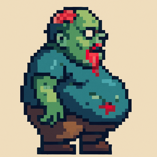 pixel art fat zombie left in a side view..
In-Game asset.  2d.  High contrast.  No shadows