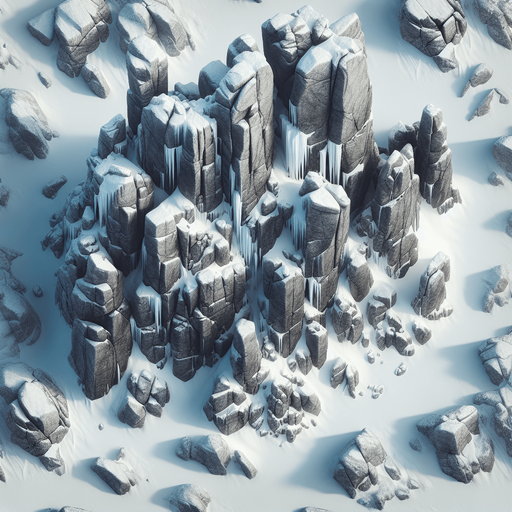 Photorealistic rocks covered by snow and ice, drone view