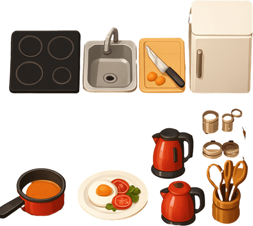 Mutfak - üstten görünüm - gerçekçi - yazısız.
In-Game asset.  2d.  High contrast.  No shadows