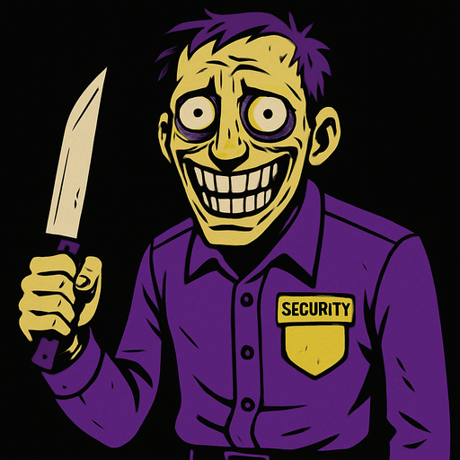a madman wearing a purple security suit. He looks frightening, you can tell he's crazy by the glazed look in his eyes. he's just smiling with a knife in his hand, but in the glazed look in his eyes there's a little cry for help.
In-Game asset.  2d.  High contrast.  No shadows