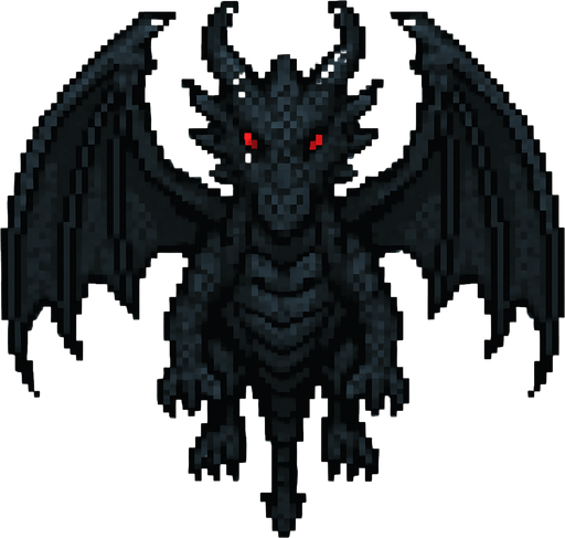 um dragão negro com olhos vermelhos, arte pixel 32bits, vista frontal aerea.
In-Game asset.  2d.  High contrast.  No shadows