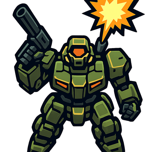 vertical top down style image. military robot shoot upwards front.
In-Game asset.  2d.  High contrast.  No shadows