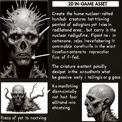 One Creature is similar to humans. They live in places with nuclear radiation, have a primitive lifestyle, and have a certain degree of self-awareness. The appearance is not scary.
Single Game Texture. In-Game asset. 2d.