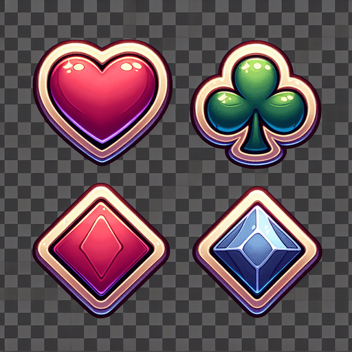 Heart, spade, club, diamond. No background. No shade. Single Game Texture. In-Game asset. 2d. Blank background. High contrast. No shadows..
Single Game Texture. In-Game asset. 2d. Blank background. High contrast. No shadows.