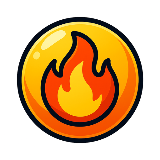 Fire ball emoji, Bubble shooter game. Thin black outline..
Single Game Texture. In-Game asset. 2d. Blank background. High contrast. No shadows.