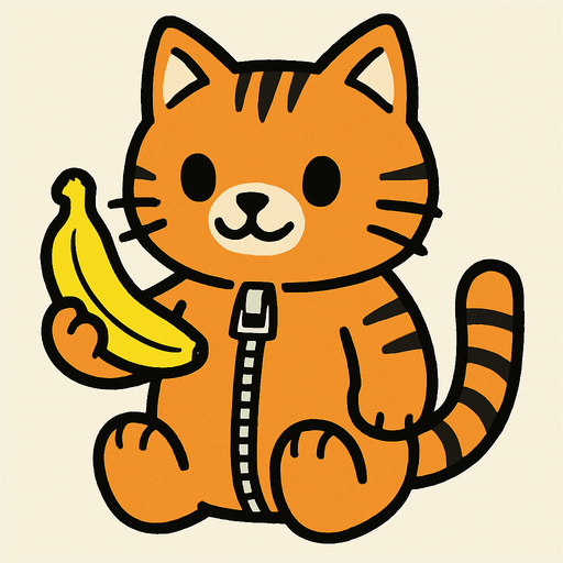 ipli fermuarı olan oyuncak kedi olduğu her yerden  belli olan elinde muz olan bir kedi.
In-Game asset.  2d.  High contrast.  No shadows