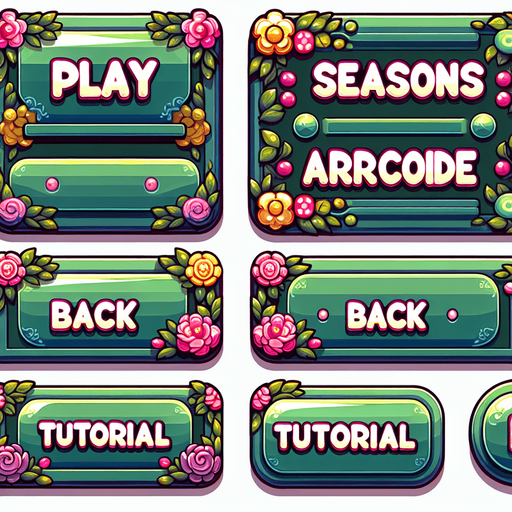A sprite sheet with menu buttons for a game. Rectangular buttons say “Play” “Seasons” “Arcade” “Back” and “Tutorial”. Font should be stylized and include flowers on the edges. Vivid cartoon graphics. Color scheme should be greens with, pink and yellow. 
Single Game Texture. In-Game asset. 2d. Blank background. High contrast. No shadows.
