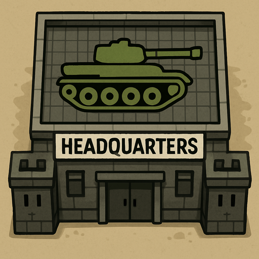 Kuş bakışı acısından bir karargah binası ve çatısımda tank resmi
In-Game asset.  2d.  High contrast.  No shadows