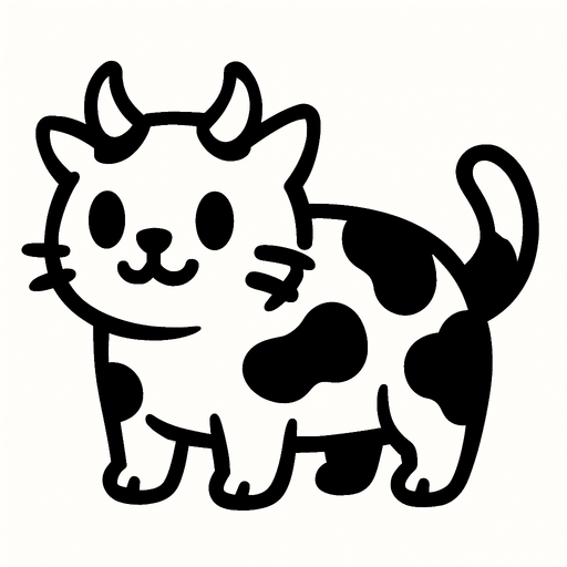 Un gato con forma de vaca con 2 cuernos blanco como su cuerpo pero con un ojos y boca negros estilo caricatura.
In-Game asset.  2d.  High contrast.  No shadows