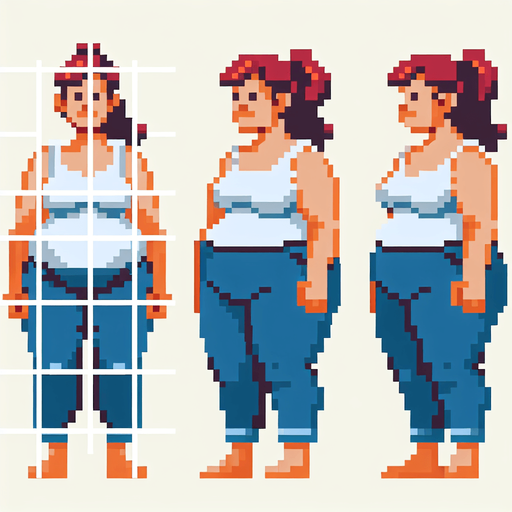 a pixelated fat lady.
Single Game Texture. In-Game asset. 2d. Blank background. High contrast. No shadows.