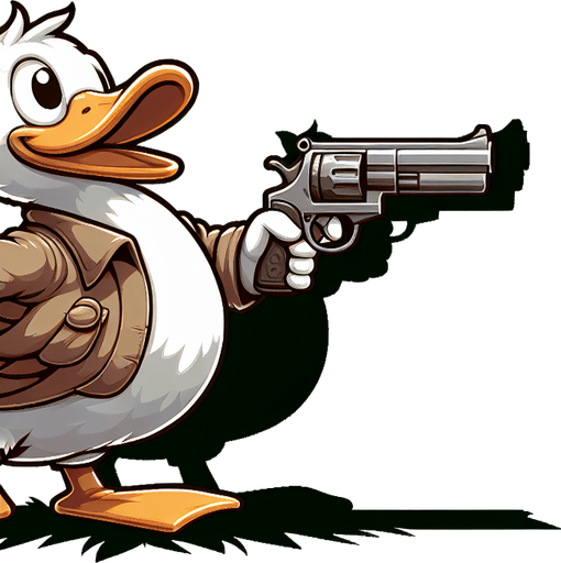 Title game:duck with a gun.
Single Game Texture. In-Game asset. 2d. Blank background. High contrast. No shadows.