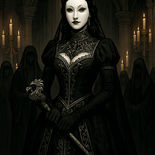 A regal yet enigmatic queen in a black and silver gown, wearing a porcelain mask with only her golden eyes visible. Female, 36 years old, tall and poised, dark wavy hair pinned in a jeweled crown, pale flawless skin. Her gloved hands rest on an ornate scepter with a dragon motif. She stands in a candle-lit throne room surrounded by veiled courtiers. Realistic, highly detailed, gothic royal style. realistic.
In-Game asset.  2d.  High contrast.  No shadows