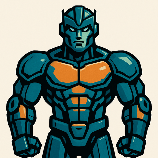 gözü açık güçlü yakışıklı robot.
In-Game asset.  2d.  High contrast.  No shadows