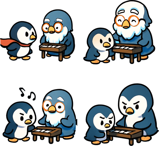 4-panel comic strip, no text, cute cartoon style, bright colors, black outlines.
Characters: Penguin Hero (small, determined) + Penguin Princess (elegant, crown) + Village Penguins
Central Theme: Music connects hearts, piano mastery wins love. Story: Old wise penguin teaches Hero about music and courage

Panel 1: Hero meets old penguin with small piano on ice floe
Panel 2: Old penguin demonstrates simple piano scales, notes are warm/golden
Panel 3: Hero tries playing, makes mistakes but old penguin encourages
Panel 4: Hero practices with determination, musical notes getting brighter.
In-Game asset.  2d.  High contrast.  No shadows