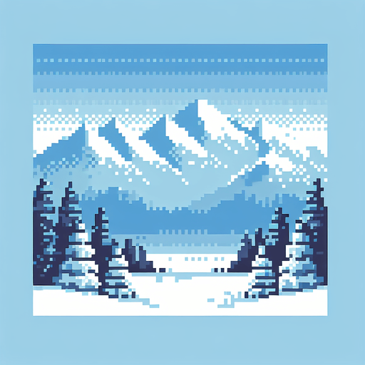 Create a pixel rendition of a winter skyline for a pixel game. The image should feature a light blue sky dominating the scene, with subtle pixelated outlines of mountain crests at the bottom. The sky needs to be clear and bright, showcasing the crispness of a winter day in a pixel art style. Use a gradient of light blue near the pixelated mountain silhouettes, gradually transitioning to a deeper blue towards the top of the image, all in a charming, pixelated format to evoke a serene, wintry atmosphere.. 8 bit. Single Game Texture. In-Game asset. 2d. Blank background. High contrast. No shadows.