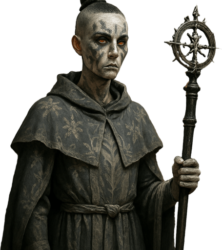 A solemn female cleric in soot-gray robes adorned with ash motifs and sun-bleached fabric. 39 years old, with a thin, gaunt frame, shaved head except for a braided black topknot, pale skin, and glowing amber eyes. Ash marks are smeared across her face in ritual patterns. Holding a prayer staff made of burned oak and silver. She stands in a scorched temple, sunlight breaking through cracked stone. Realistic, highly detailed, sacred atmosphere. realistic.
In-Game asset.  2d.  High contrast.  No shadows