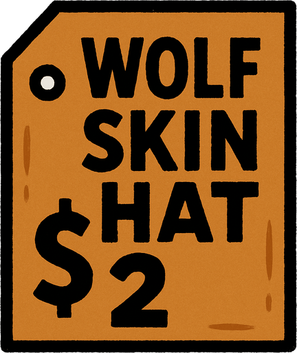 price tag that says wolf skin hat $2.
In-Game asset.  2d.  High contrast.  No shadows