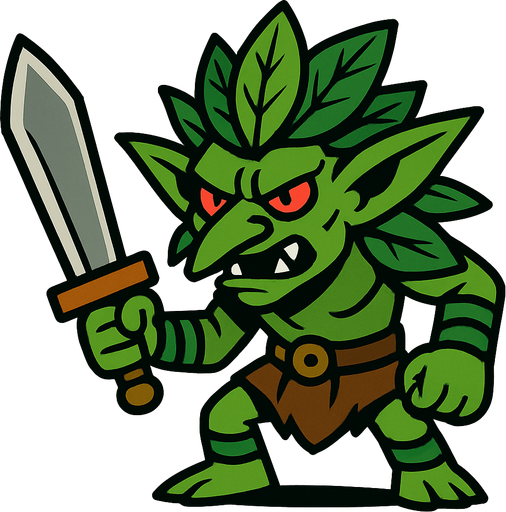 yeşil yapraklı dövüşçü goblin.
In-Game asset.  2d.  High contrast.  No shadows
