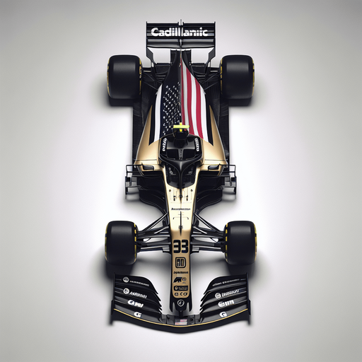 Photorealistic Cadillac F1 race car, top view.
Replace Cadillac text to golden coloured ,,Cadillaic" text on black rear wing.
Big American flag on white body. 
White ,,Andretti" and gm text on black front wing.