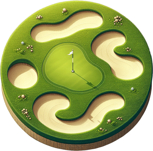 Terrain de golf avec un seul trou.
Single Game Texture. In-Game asset. 2d. Blank background. High contrast. No shadows.