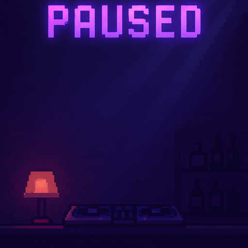 A minimalist pixel art "Paused" menu screen in vertical format (2048x2732), with a retro DJ/bar theme. At the top center, the word "PAUSED" in large, glowing purple pixel letters. The rest of the screen should be clean and dark, with subtle lighting or atmospheric effects suggesting a nightclub or DJ booth. Leave the central and lower space empty for placing UI buttons (Resume, Restart, Settings, Main Menu). Smooth, moody pixel background, matching a futuristic arcade vibe..
In-Game asset.  2d.  High contrast.  No shadows